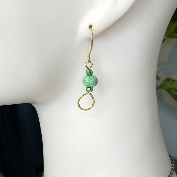 Boho Chic Green Beaded Hammered Dangle Earrings, Statement Artisan - Picture 1 of 6